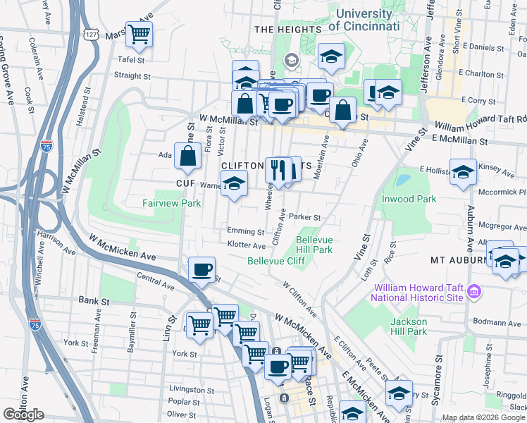 map of restaurants, bars, coffee shops, grocery stores, and more near 2250 Wheeler Street in Cincinnati