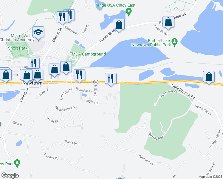 map of restaurants, bars, coffee shops, grocery stores, and more near 7447 Ivy Hills Place in Newtown