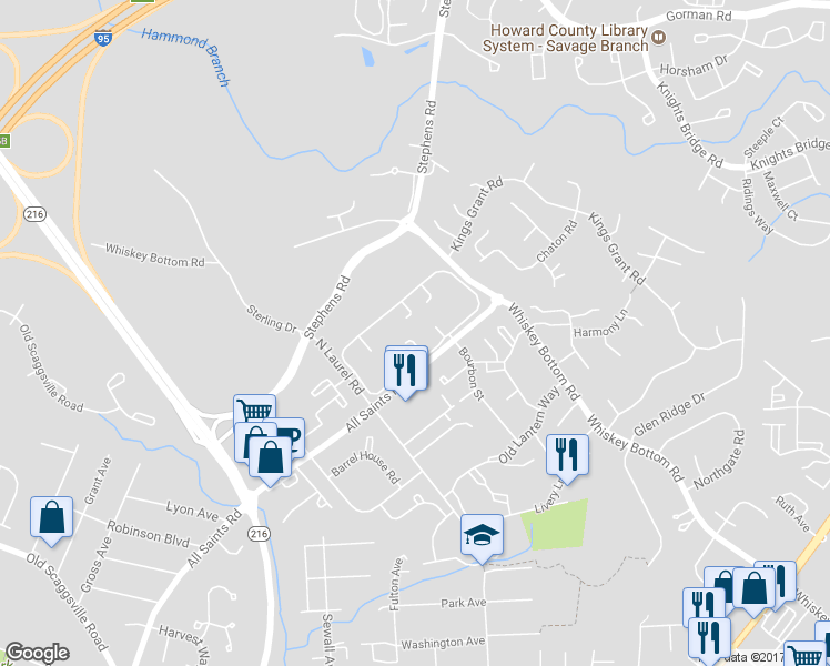 map of restaurants, bars, coffee shops, grocery stores, and more near 9244 Canterbury Riding in Laurel