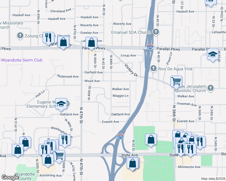 map of restaurants, bars, coffee shops, grocery stores, and more near 1649 North 44th Street in Kansas City