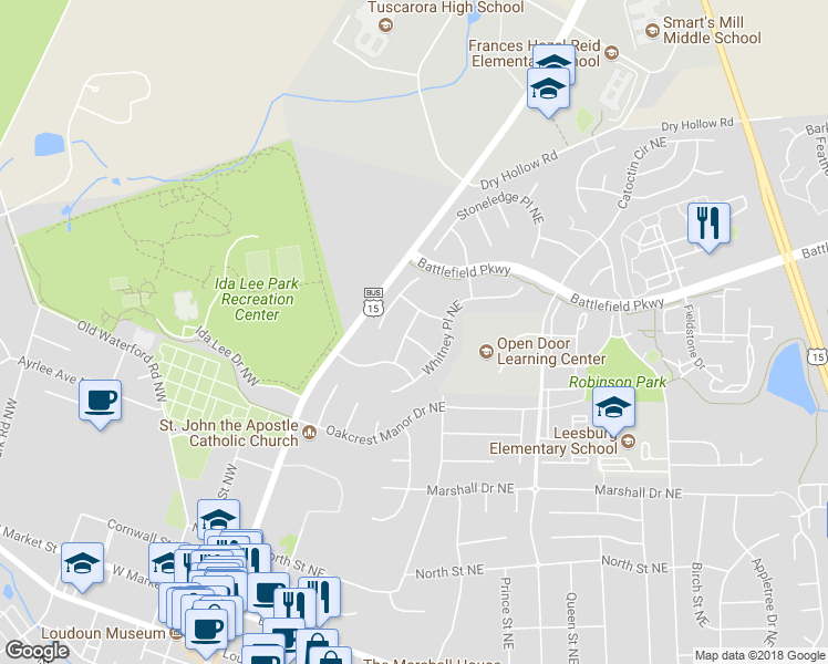 map of restaurants, bars, coffee shops, grocery stores, and more near 102 Thistle Way Northeast in Leesburg