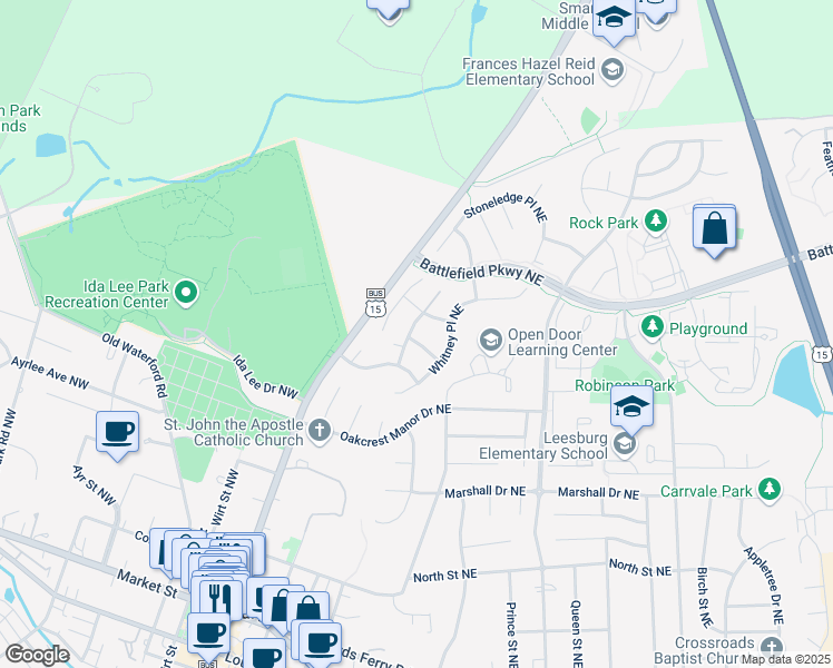 map of restaurants, bars, coffee shops, grocery stores, and more near 102 Thistle Way Northeast in Leesburg