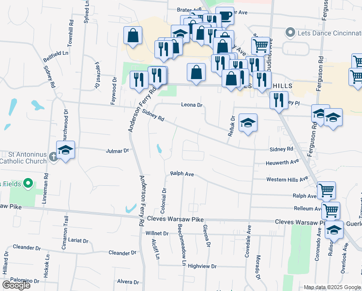 map of restaurants, bars, coffee shops, grocery stores, and more near 1607 Pasadena Avenue in Cincinnati