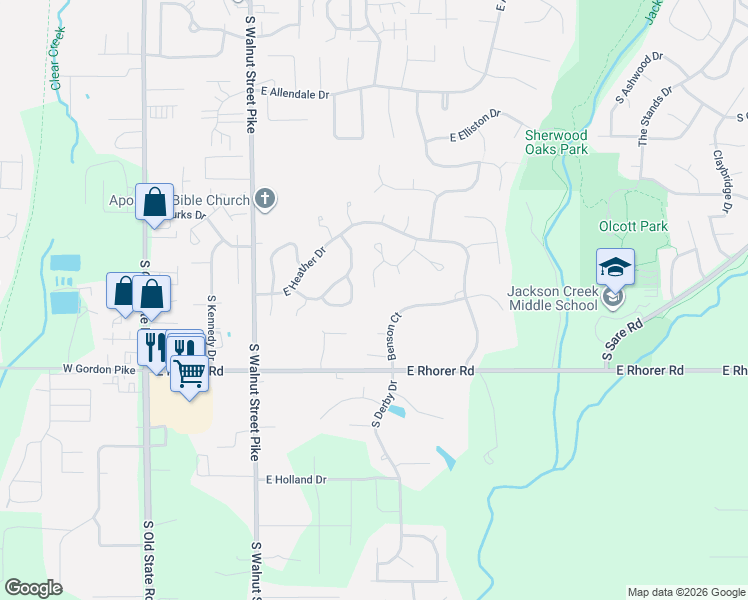 map of restaurants, bars, coffee shops, grocery stores, and more near 3932 South Emilie Court in Bloomington