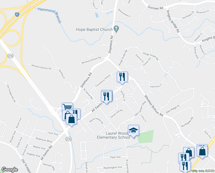 map of restaurants, bars, coffee shops, grocery stores, and more near 9276 Canterbury Riding in Laurel