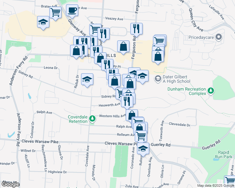 map of restaurants, bars, coffee shops, grocery stores, and more near 5213 Glenway Avenue in Cincinnati