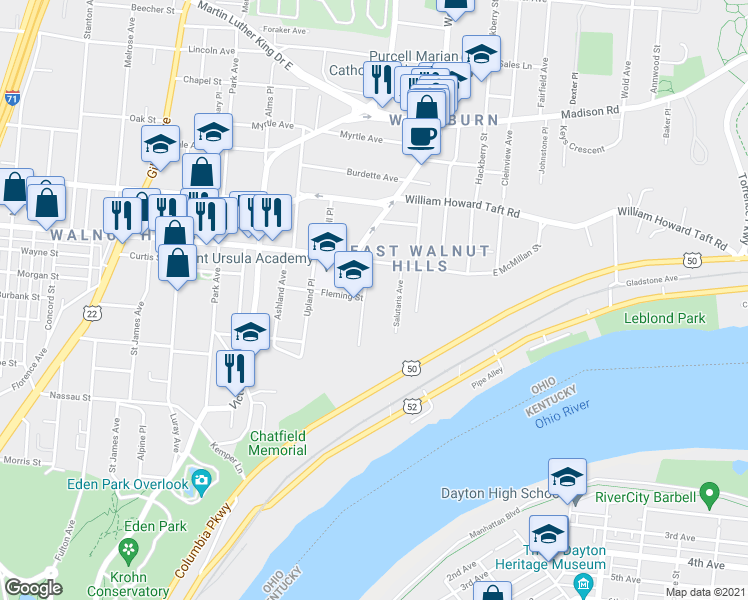map of restaurants, bars, coffee shops, grocery stores, and more near 2404 Grandview Avenue in Cincinnati