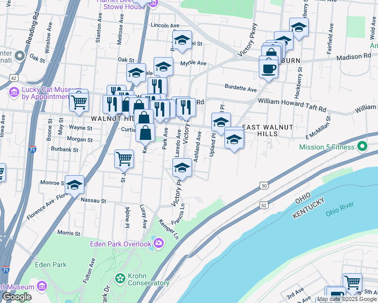 map of restaurants, bars, coffee shops, grocery stores, and more near 2368 Victory Parkway in Cincinnati
