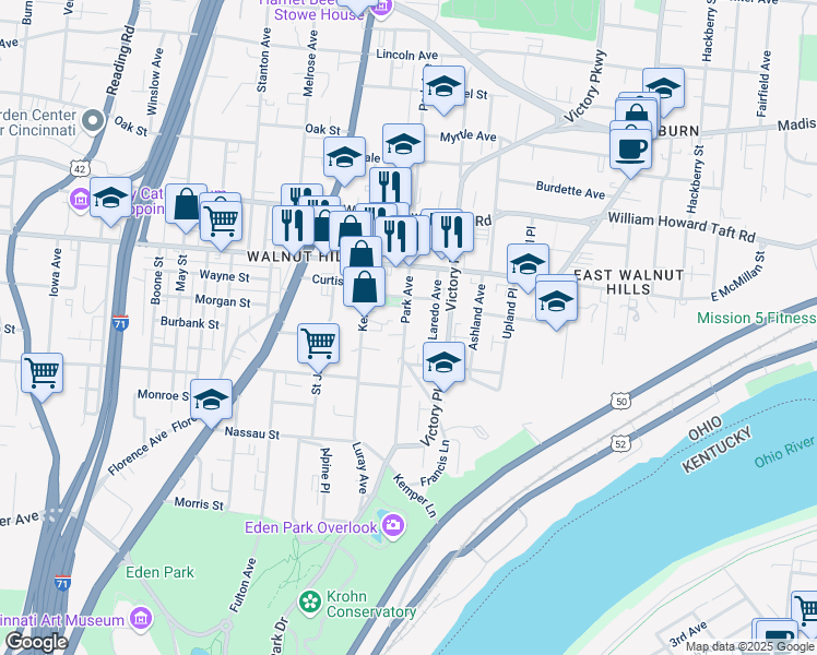 map of restaurants, bars, coffee shops, grocery stores, and more near 2356 Park Avenue in Cincinnati