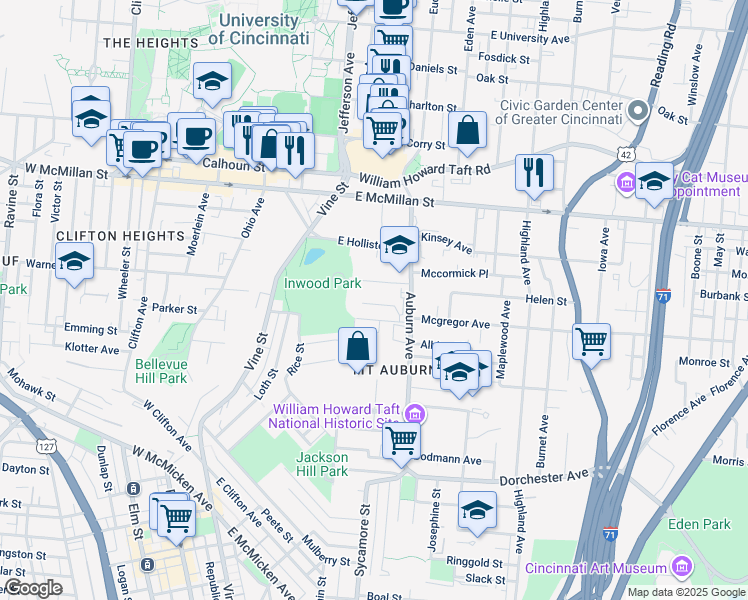 map of restaurants, bars, coffee shops, grocery stores, and more near 114 Wellington Place in Cincinnati