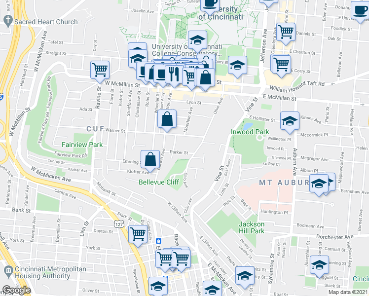 map of restaurants, bars, coffee shops, grocery stores, and more near 137 Warner Street in Cincinnati