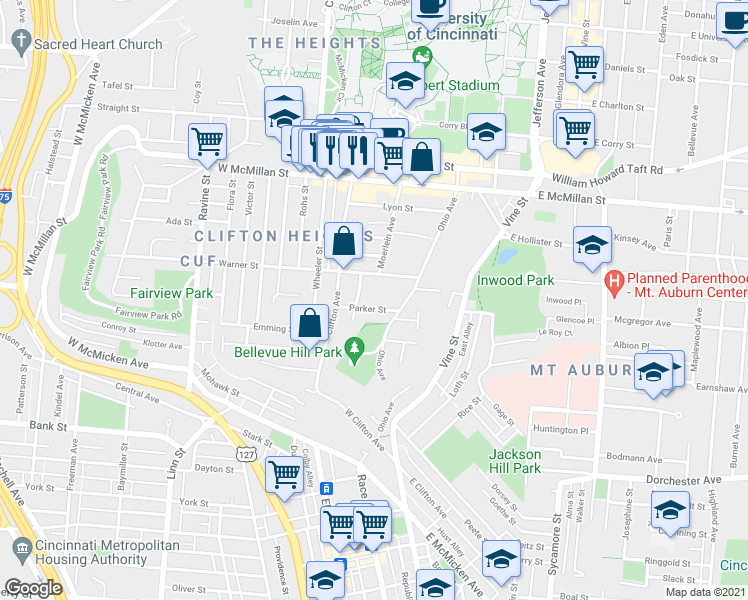 map of restaurants, bars, coffee shops, grocery stores, and more near 169 Warner Street in Cincinnati