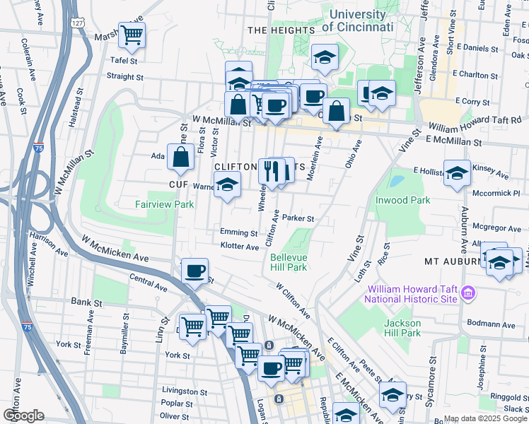 map of restaurants, bars, coffee shops, grocery stores, and more near 2250 Wheeler Street in Cincinnati