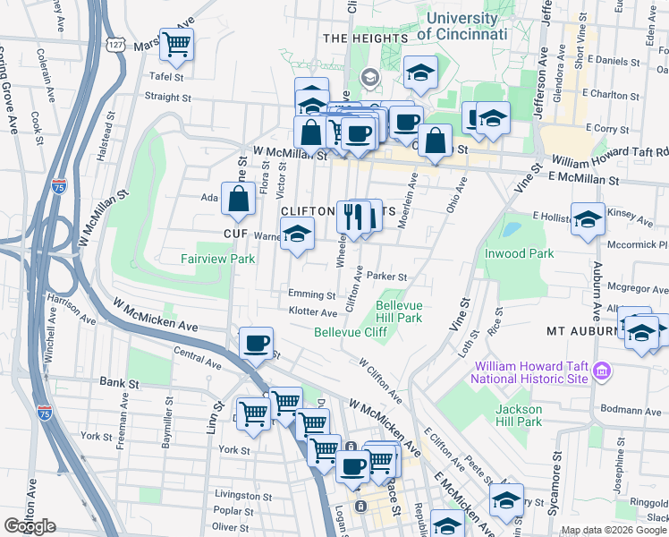 map of restaurants, bars, coffee shops, grocery stores, and more near 2250 Wheeler Street in Cincinnati