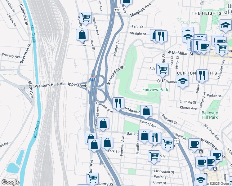 map of restaurants, bars, coffee shops, grocery stores, and more near 2341 West McMicken Avenue in Cincinnati