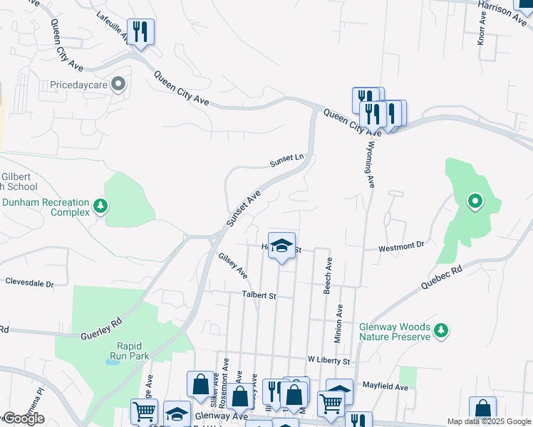 map of restaurants, bars, coffee shops, grocery stores, and more near 1852 Sunset Avenue in Cincinnati