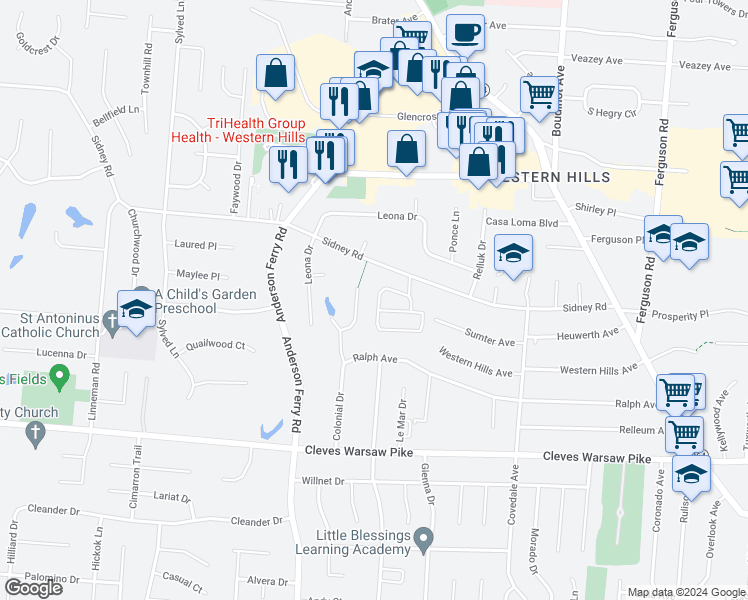 map of restaurants, bars, coffee shops, grocery stores, and more near 1694 Brunnerwood Drive in Cincinnati