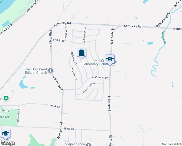 map of restaurants, bars, coffee shops, grocery stores, and more near 3211 North Pleasant Street in Independence