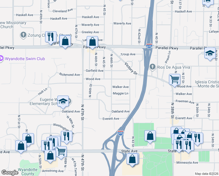 map of restaurants, bars, coffee shops, grocery stores, and more near 4417 Wood Avenue in Kansas City