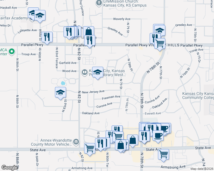 map of restaurants, bars, coffee shops, grocery stores, and more near 1727 North 80th Street in Kansas City
