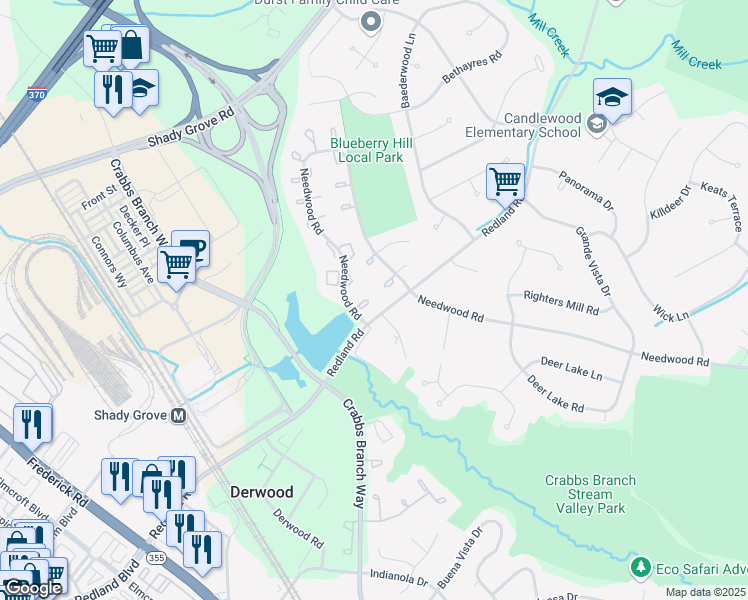 map of restaurants, bars, coffee shops, grocery stores, and more near 7705 Eagles Head Court in Rockville