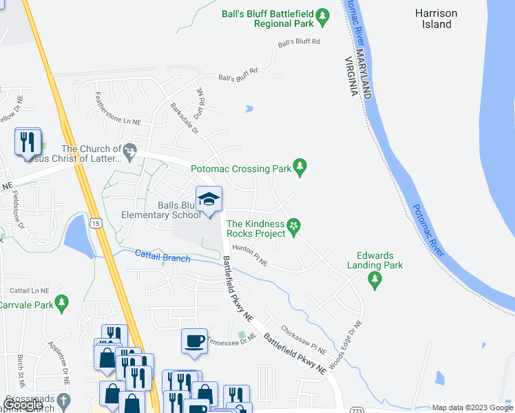 map of restaurants, bars, coffee shops, grocery stores, and more near 1602 Candlewood Place Northeast in Leesburg