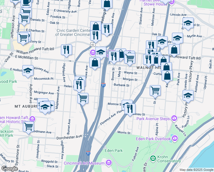 map of restaurants, bars, coffee shops, grocery stores, and more near 2349 Boone Street in Cincinnati