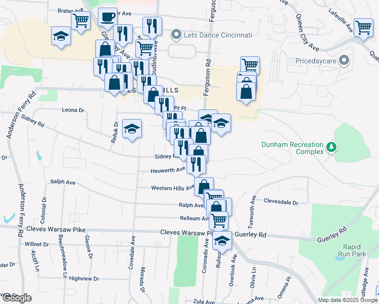 map of restaurants, bars, coffee shops, grocery stores, and more near 5213 Glenway Avenue in Cincinnati