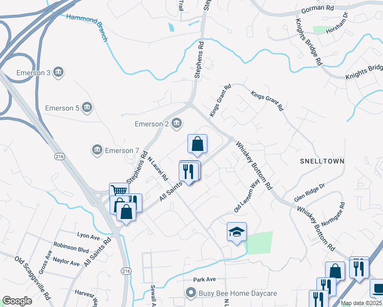 map of restaurants, bars, coffee shops, grocery stores, and more near 9110 Canterbury Riding in Laurel