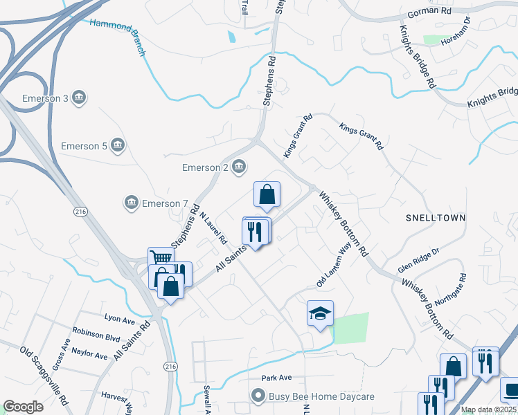 map of restaurants, bars, coffee shops, grocery stores, and more near 9100 Canterbury Riding in Laurel