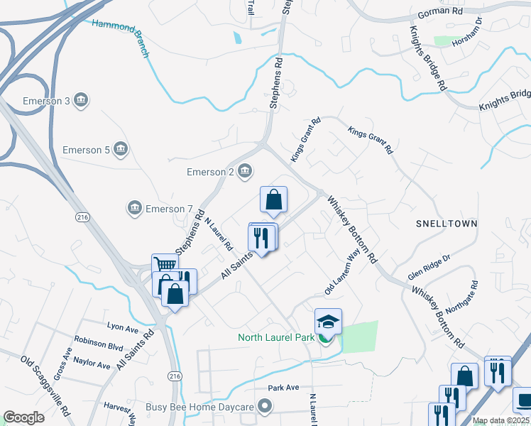 map of restaurants, bars, coffee shops, grocery stores, and more near 9124 Canterbury Riding in Laurel