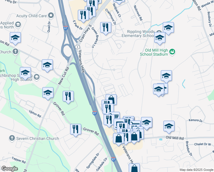 map of restaurants, bars, coffee shops, grocery stores, and more near 612 Leprechaun Lane in Glen Burnie