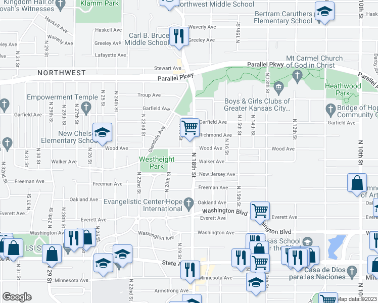 map of restaurants, bars, coffee shops, grocery stores, and more near 1803 Wood Avenue in Kansas City