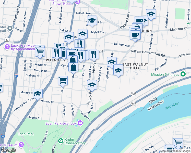 map of restaurants, bars, coffee shops, grocery stores, and more near 2368 Victory Parkway in Cincinnati