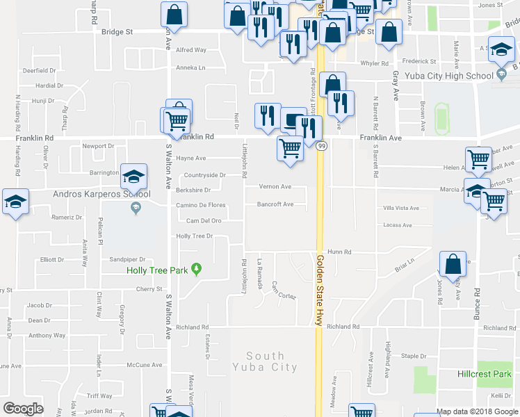 map of restaurants, bars, coffee shops, grocery stores, and more near 1424 Bancroft Avenue in Yuba City