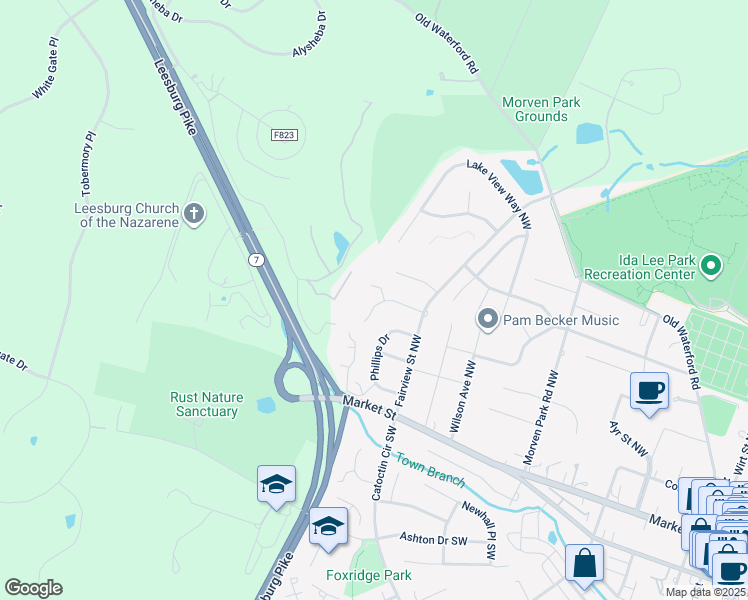 map of restaurants, bars, coffee shops, grocery stores, and more near 115 Rosebrook Court Northwest in Leesburg