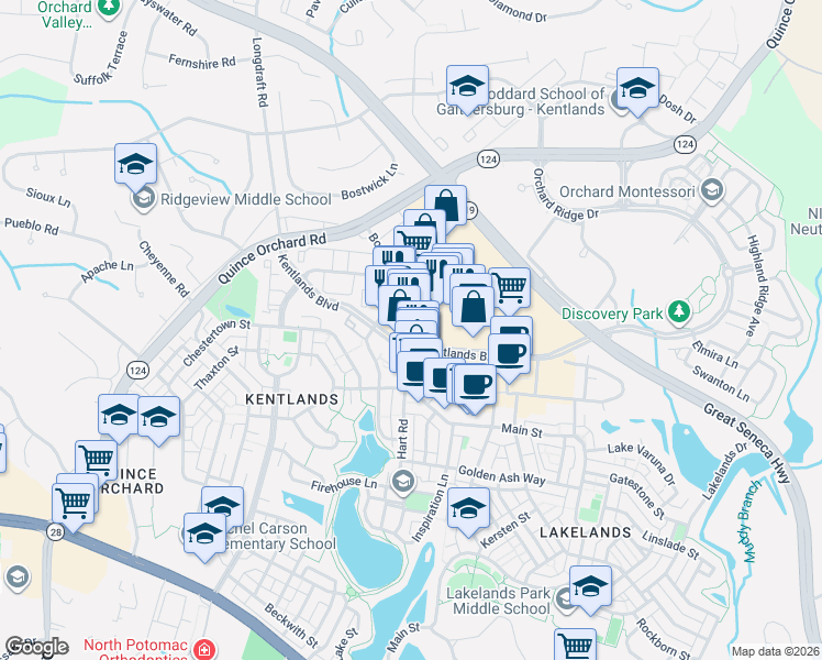 map of restaurants, bars, coffee shops, grocery stores, and more near 80 Main Street in Gaithersburg