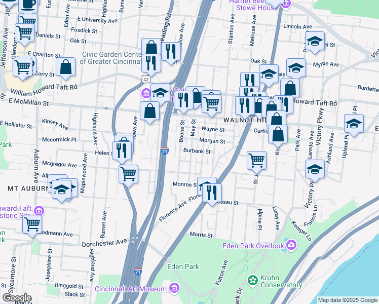map of restaurants, bars, coffee shops, grocery stores, and more near 2335 May Street in Cincinnati