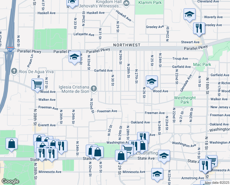 map of restaurants, bars, coffee shops, grocery stores, and more near 1831 North 30 Street in Kansas City