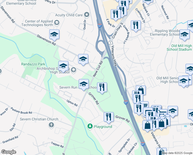 map of restaurants, bars, coffee shops, grocery stores, and more near 8065 New Cut Road in Severn