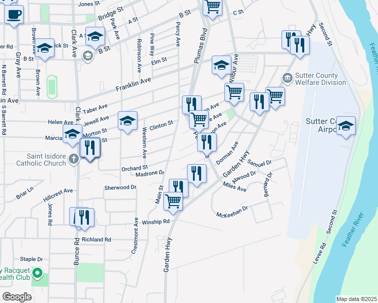 map of restaurants, bars, coffee shops, grocery stores, and more near 123 Wilson Avenue in Yuba City