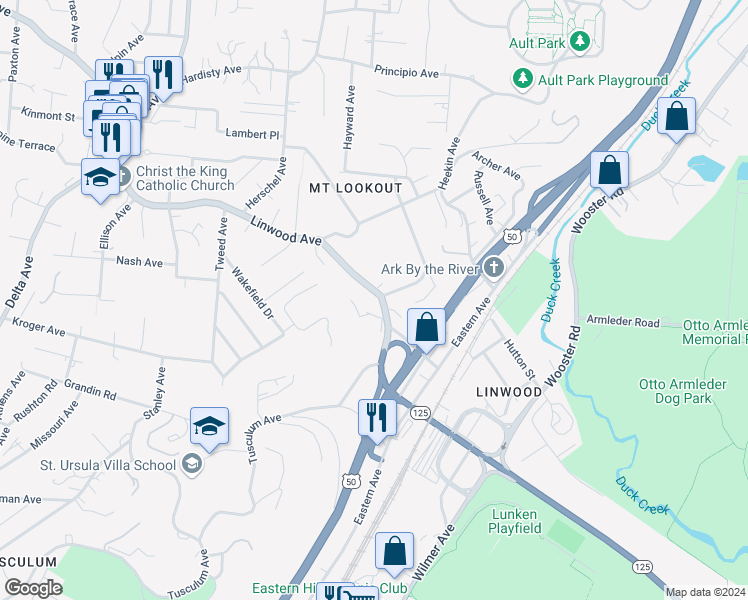 map of restaurants, bars, coffee shops, grocery stores, and more near 3552 Linwood Avenue in Cincinnati