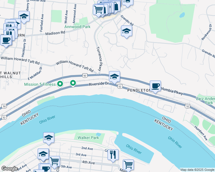 map of restaurants, bars, coffee shops, grocery stores, and more near 2482 Riverside Drive in Cincinnati