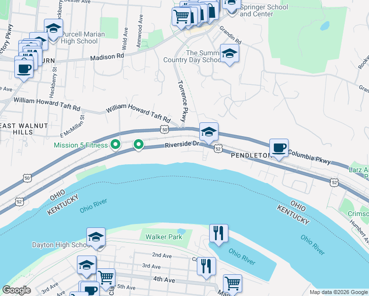 map of restaurants, bars, coffee shops, grocery stores, and more near 2448 Riverside Drive in Cincinnati