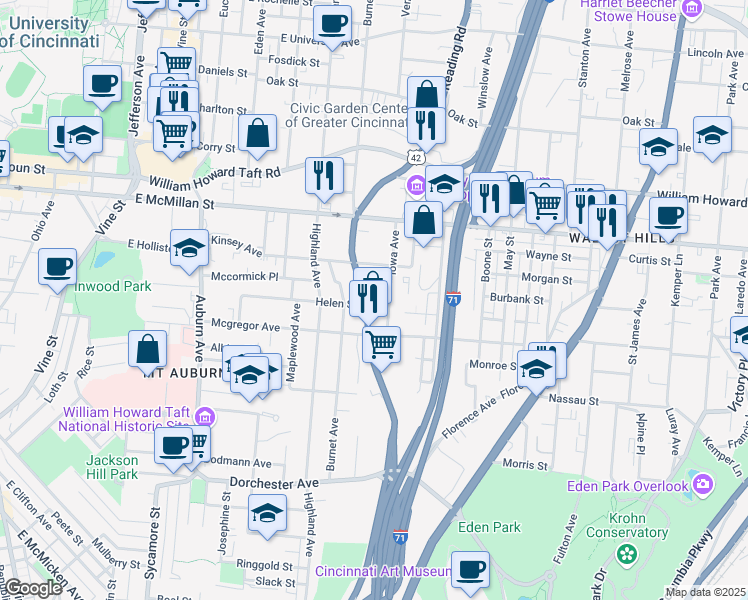 map of restaurants, bars, coffee shops, grocery stores, and more near 2343 Iowa Avenue in Cincinnati