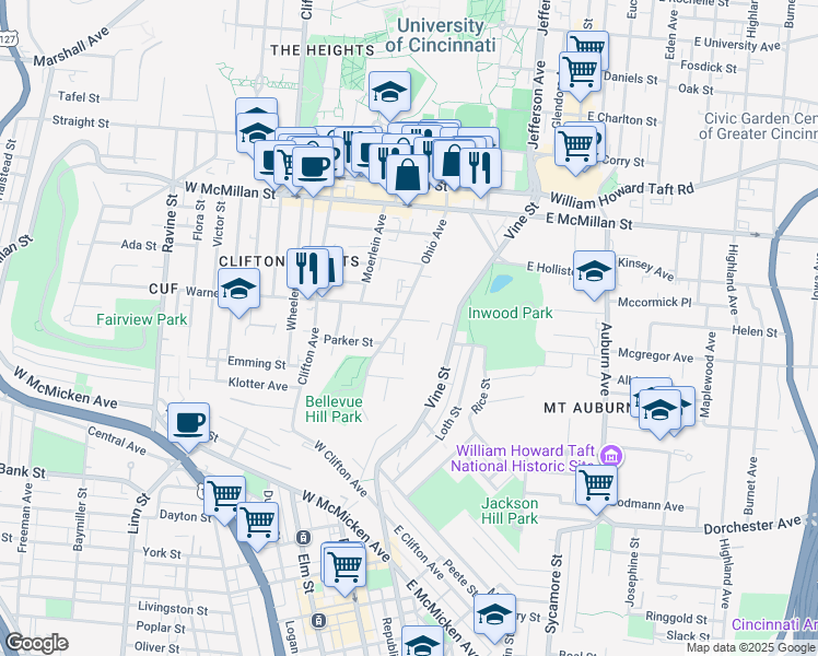 map of restaurants, bars, coffee shops, grocery stores, and more near 2330 Ohio Avenue in Cincinnati