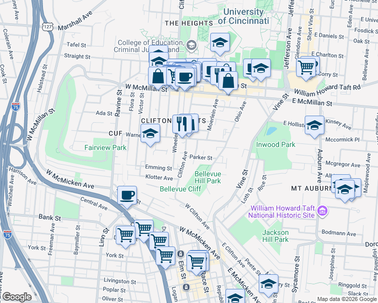 map of restaurants, bars, coffee shops, grocery stores, and more near 169 Warner Street in Cincinnati
