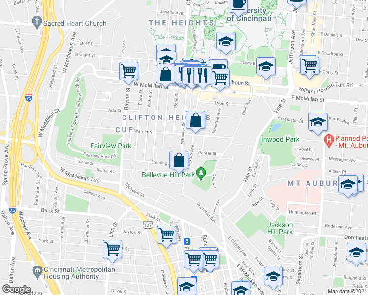 map of restaurants, bars, coffee shops, grocery stores, and more near 2250 Wheeler Street in Cincinnati