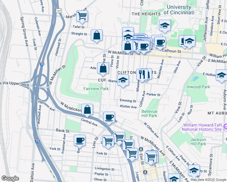 map of restaurants, bars, coffee shops, grocery stores, and more near in Cincinnati