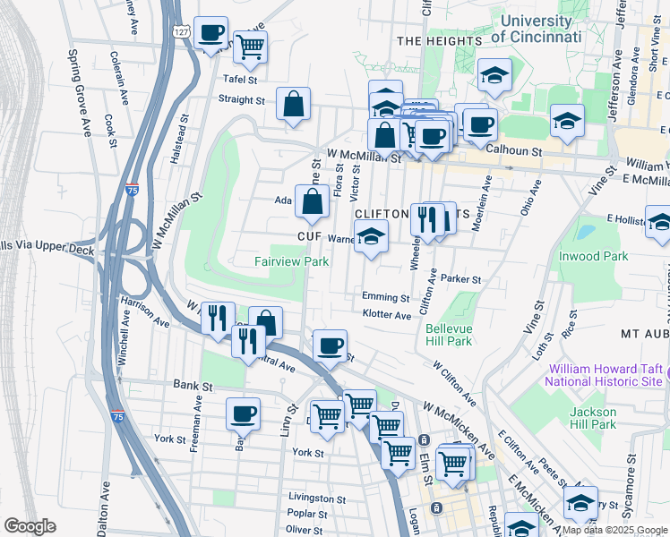 map of restaurants, bars, coffee shops, grocery stores, and more near 2249 Flora Street in Cincinnati